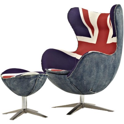 SW Series Egg chair Union Jack w/ blue wool/denim + ottoman 
